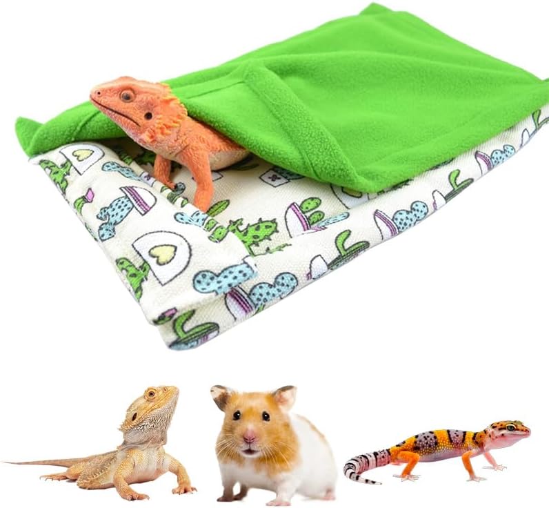 hokable Bearded Dragon Hammock Sleeping Bag Set- Hanging Pet Bed with Pillow and Blanket Hideout Habitat with Soft Warm for Bearded Dragon Lizard Leopard Gecko and Small Pet Animal（Beige + green Quilt） - Image 1